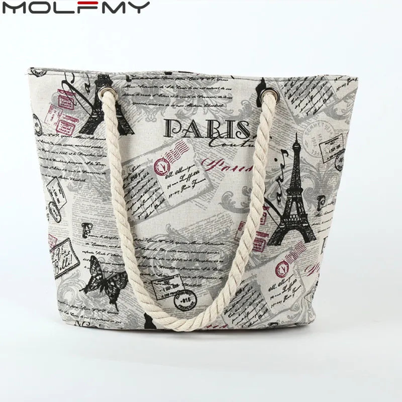 Paris Tower Canvas Handbag – Large Capacity Travel Tote
